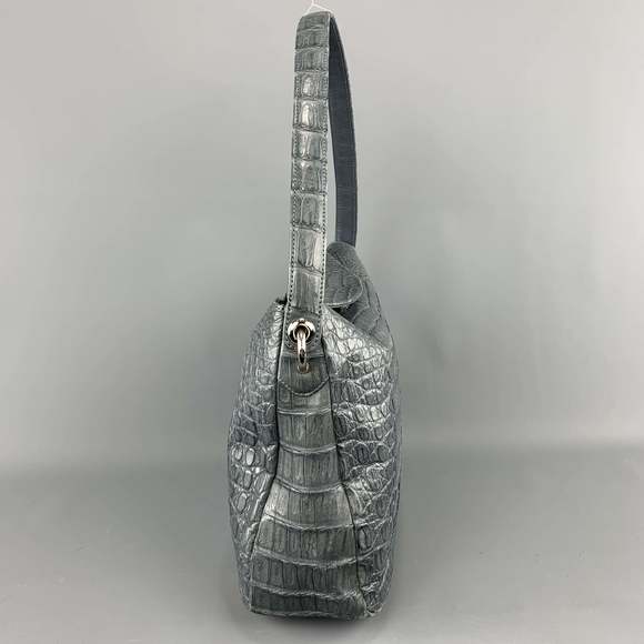 Muted Blue Grey Crocodile Skin Leather Top Handle Handbag - Picture 3 of 11